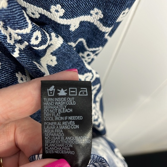 Perceptions Womens Dress L Blue/White Short Sleeves w/Ties Faux Embroidery Aztec - Picture 7 of 10